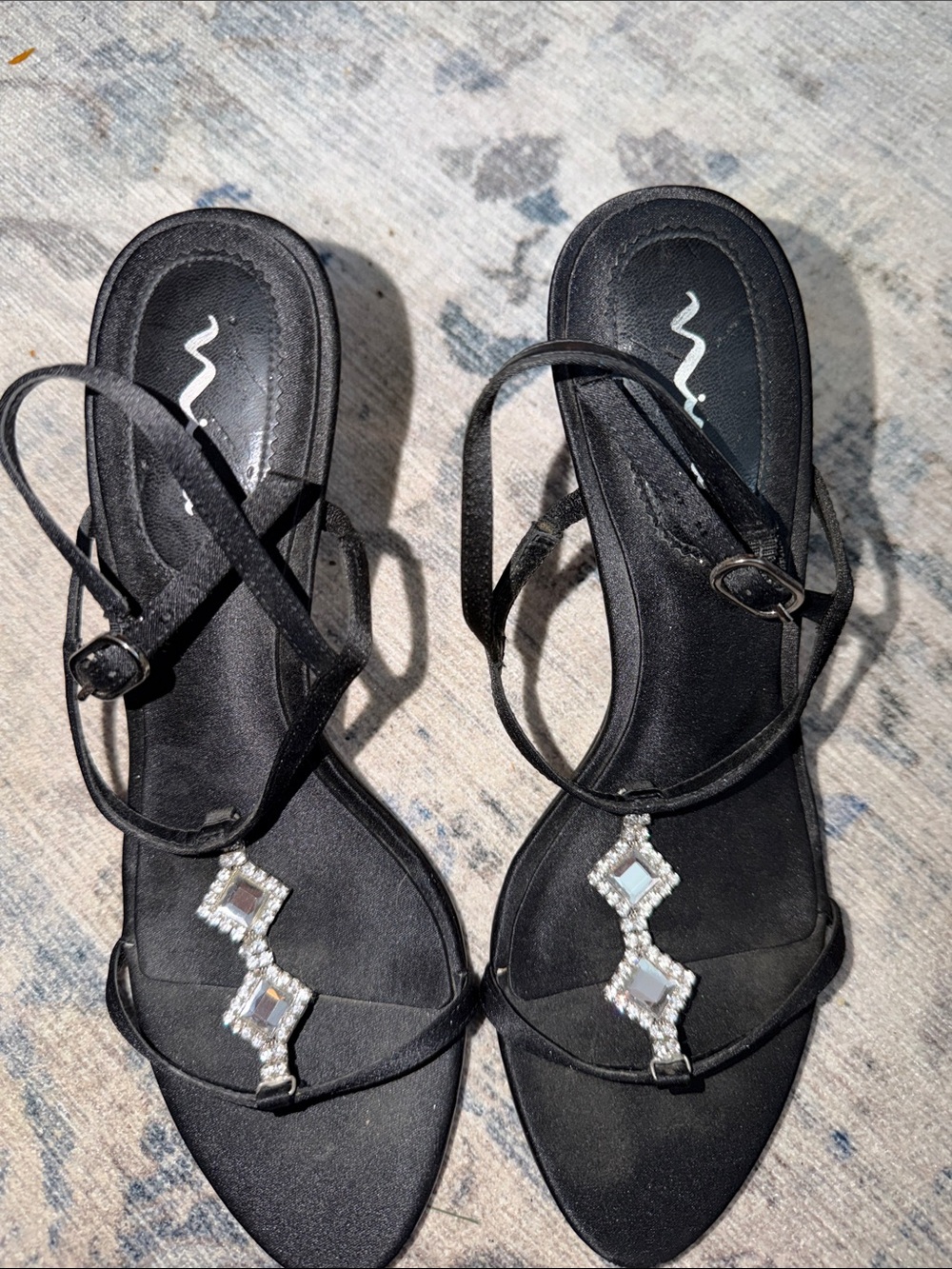 Nina Black Strappy Sandals with Square Rhinestone Accents